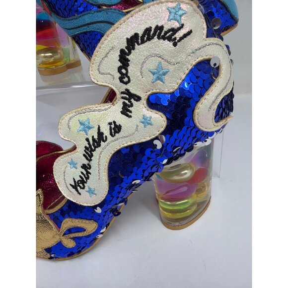 Irregular Choice Disney Aladdin Shoes US 5.5 Blue Sequin Genie Mid-Heel - Picture 2 of 8